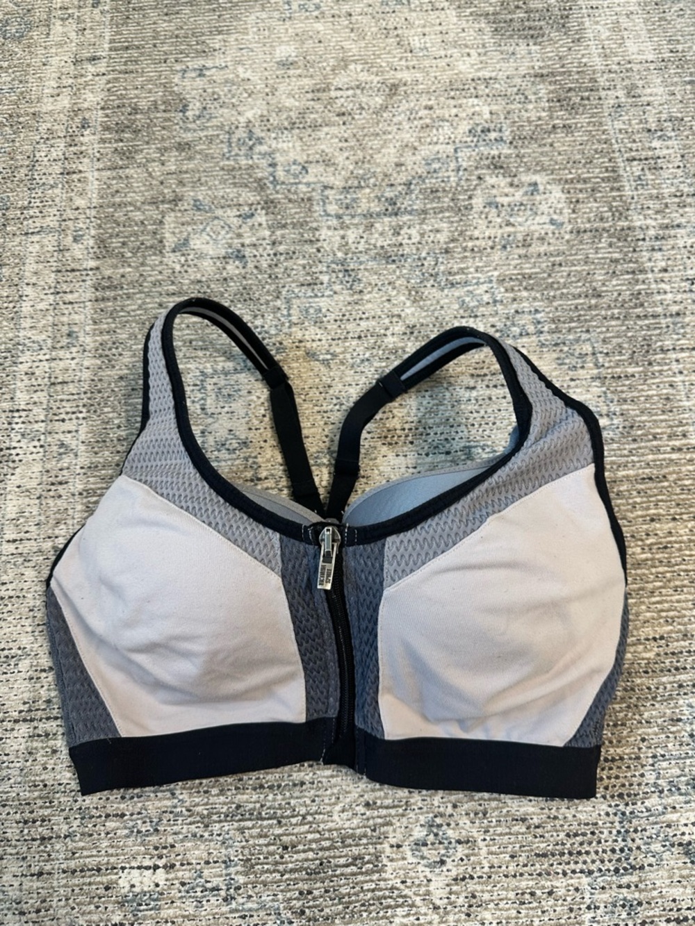 Victoria's Secret Front-Zip Sports Bra in Gray, White & Black